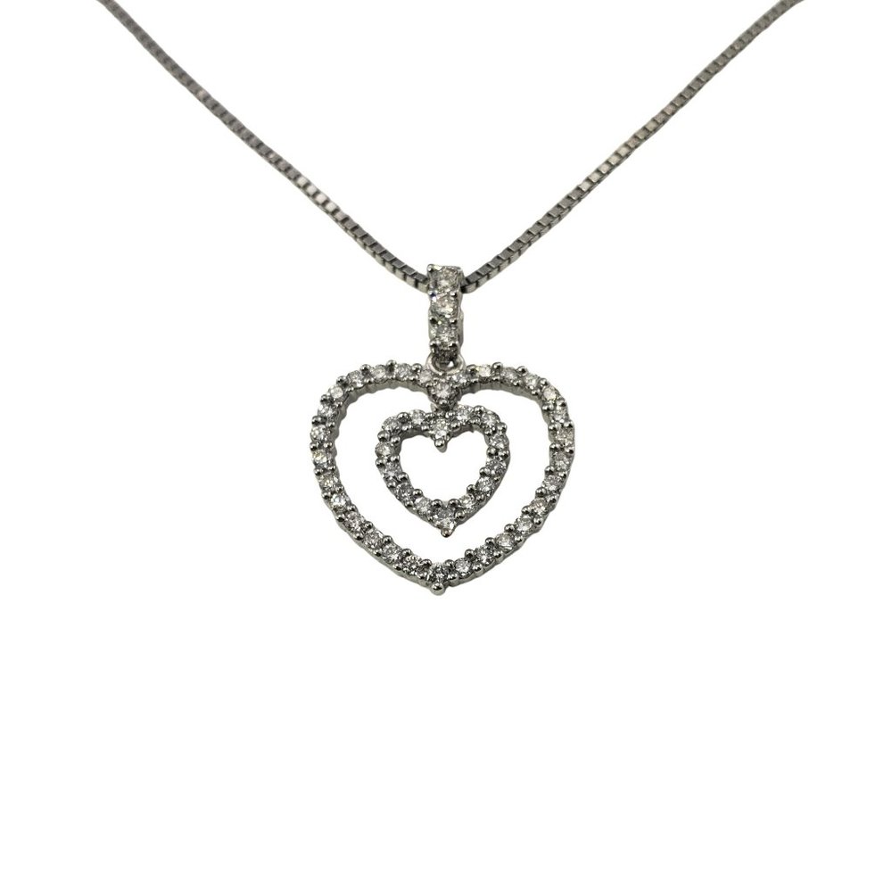 Vintage 14 Karat White Gold Diamond Double Heart Pendant Necklace #10512